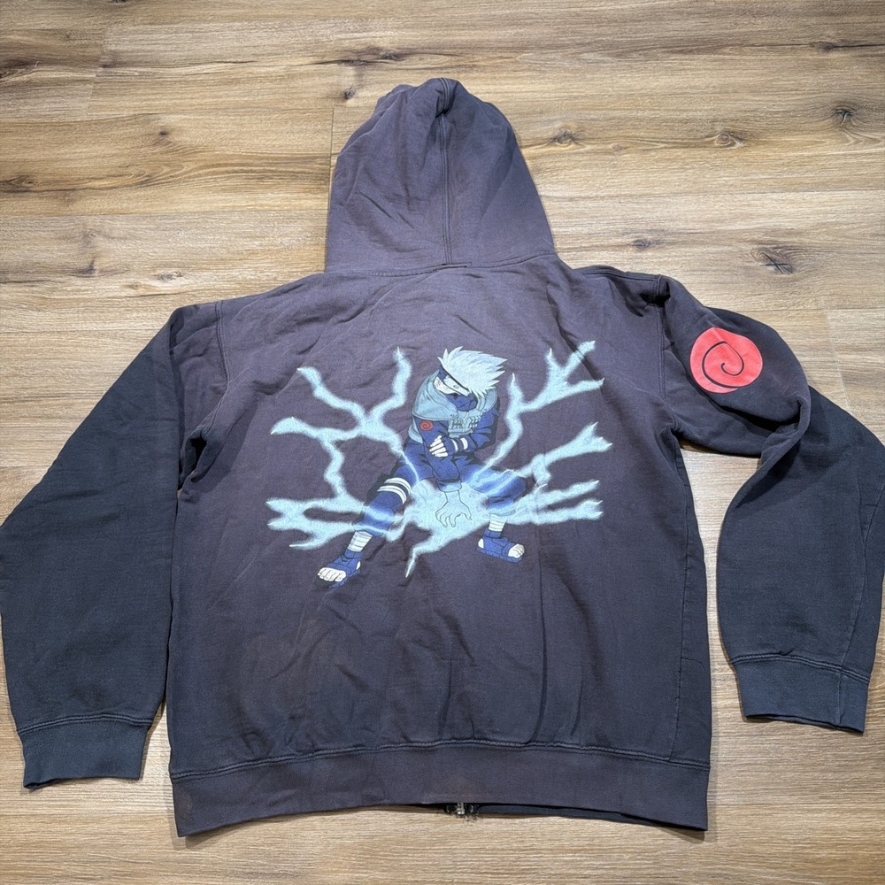 Vintage 2002 Naruto Kakashi Chidori Anime Black Full Zip LARGE Hoodie DISTRESSED